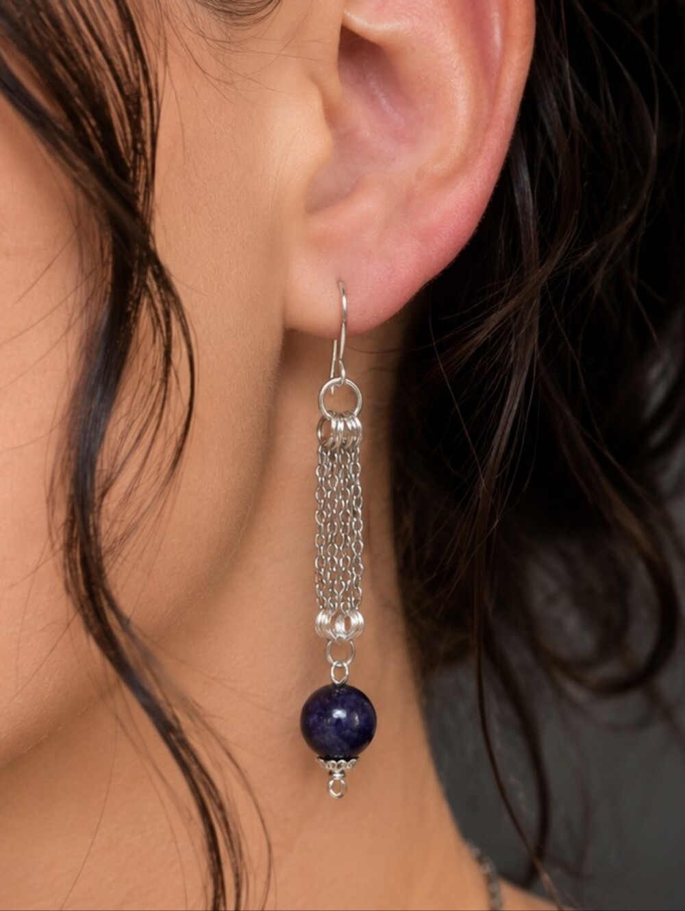 Handcrafted One Of A Kind Dangle Chain And Stone Bead Earrings